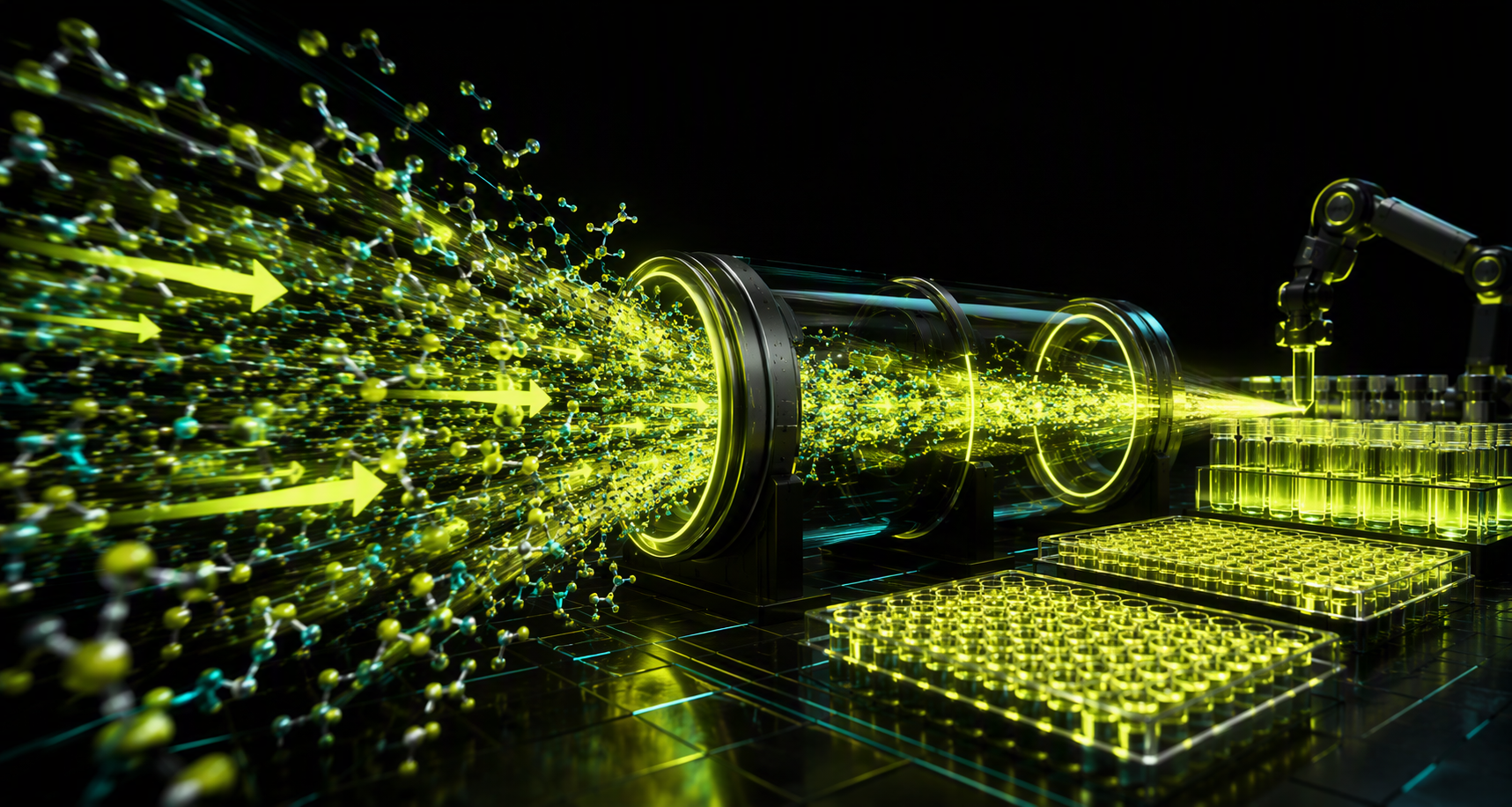 A swarm of molecules moving at speed through Om's open discovery pipeline into wet-lab validation